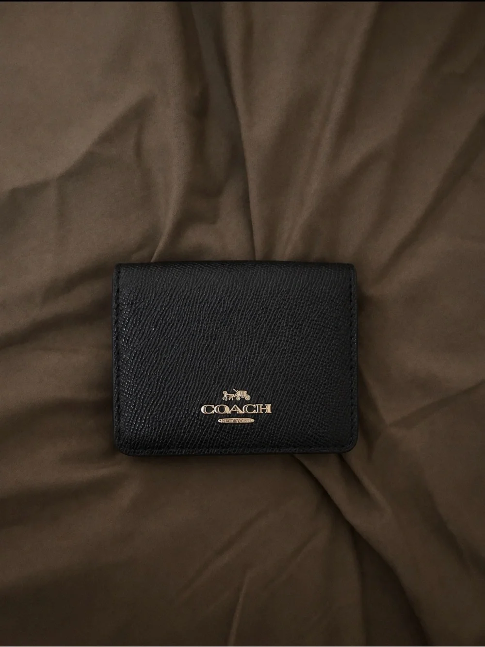 Coach Black Leather Compact Card Holder with Gold Logo
